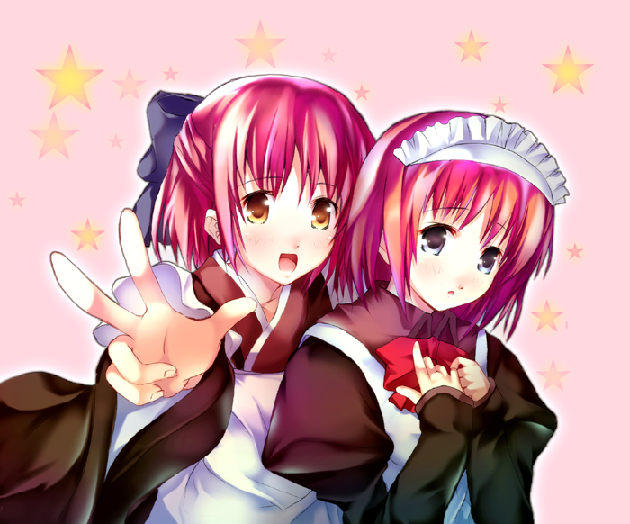 00s, 2girls, foreshortening, hands, hisui, kashi, kohaku, maid