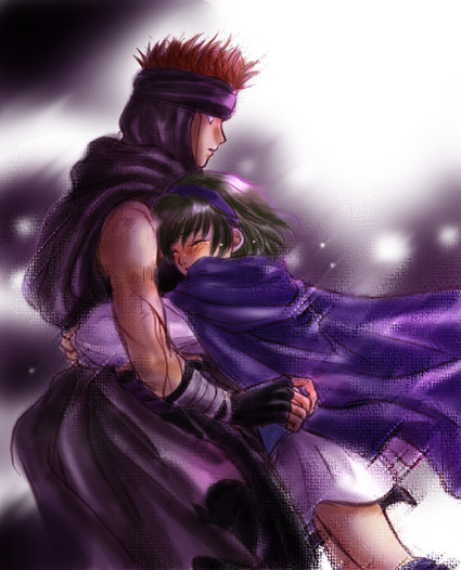 1boy, 1girl, assassin_(fire_emblem), bangs, blood, blush, brown_hair, cape