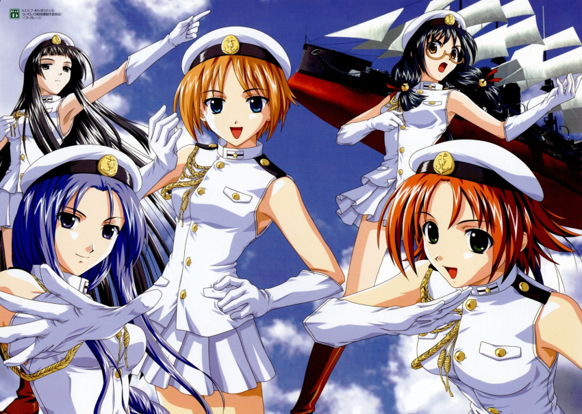 5girls, armpits, bell, beret, black_eyes, black_hair, blue_eyes, blue_hair