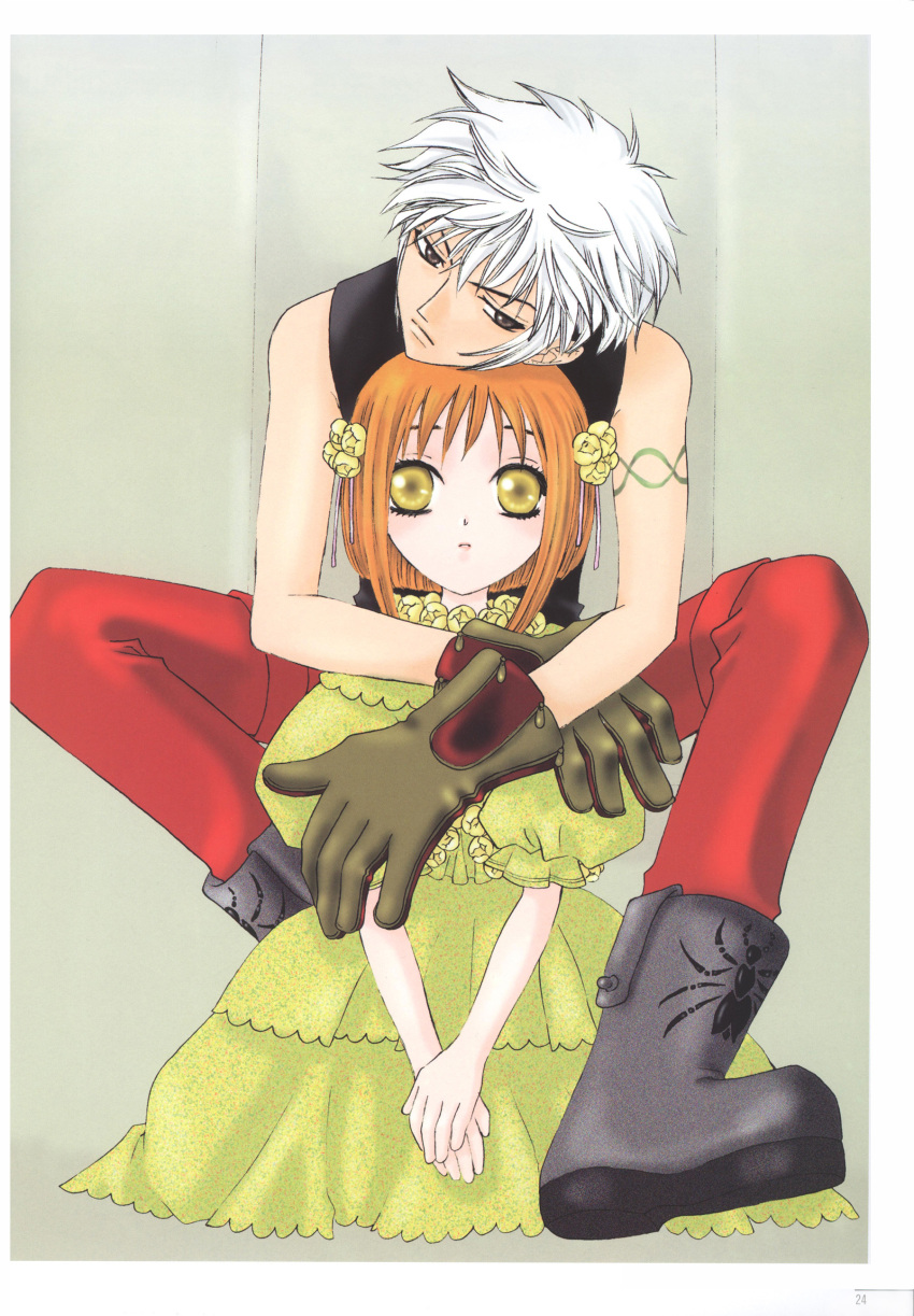 1boy, 1girl, absurdres, boots, brown_eyes, dress, fruits_basket, gloves