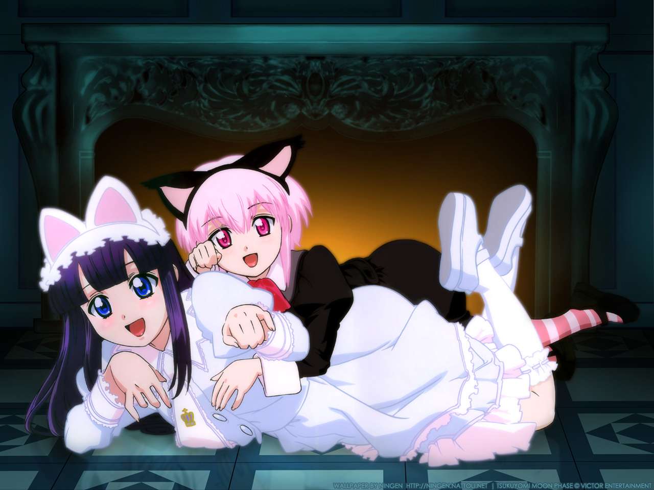 00s, 2girls, aizawa_masahiro, animal_ears, artemis, artemis_(tsukuyomi), cat_ears, hazuki_(tsukuyomi), multiple_girls, tsukuyomi_moonphase, wallpaper