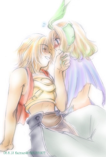 1boy, 1girl, :d, ^_^, antennae, bad_id, bare_back, bare_shoulders