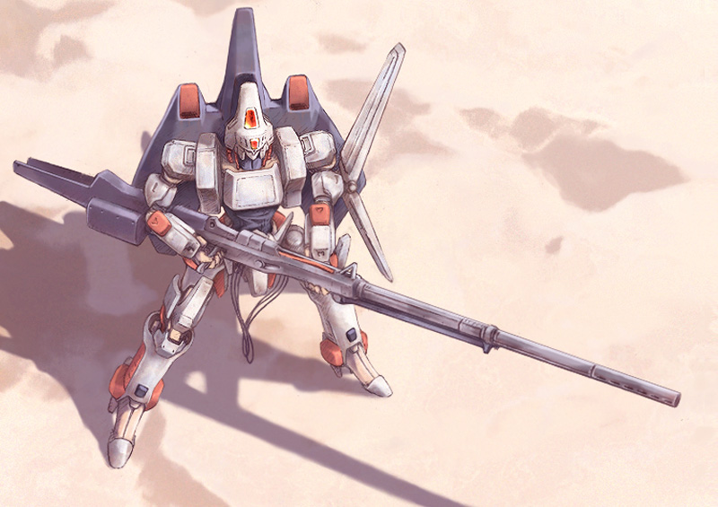 80s, cannon, desert, from_above, full_body, gun, heavy_metal_l-gaim, holding