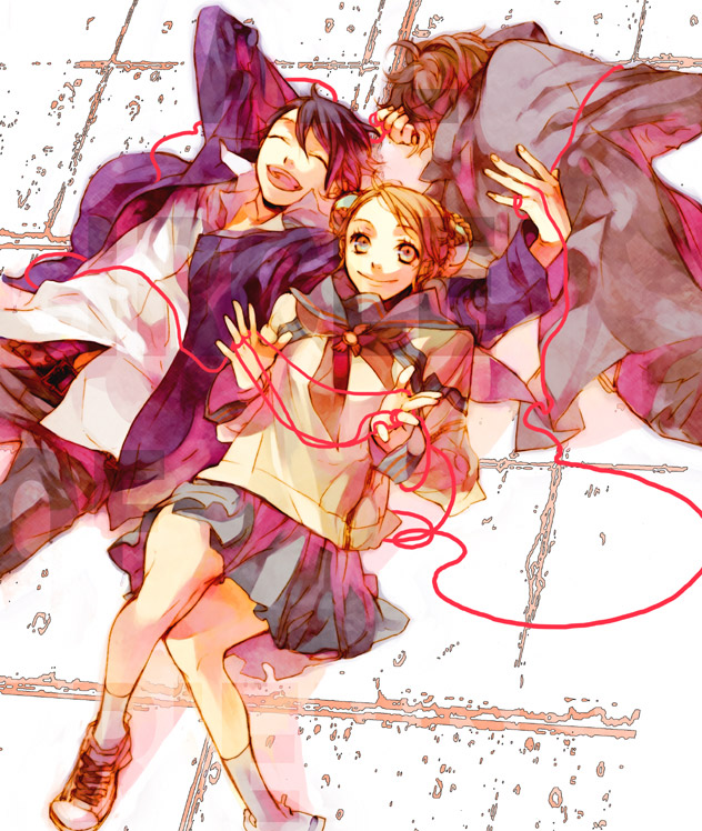 1girl, 2boys, habaki_kurou, kazuaki, kowloon_youma_gakuen_ki, minakami_koutarou, multiple_boys, red_string, school_uniform, serafuku, string, yachiho_asuka