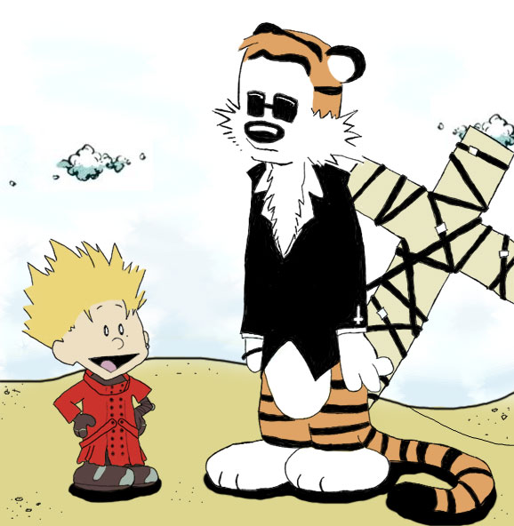 1boy, blonde_hair, calvin, calvin_&amp;_hobbes, cat_tail, cosplay, crossover, hands_on_hips