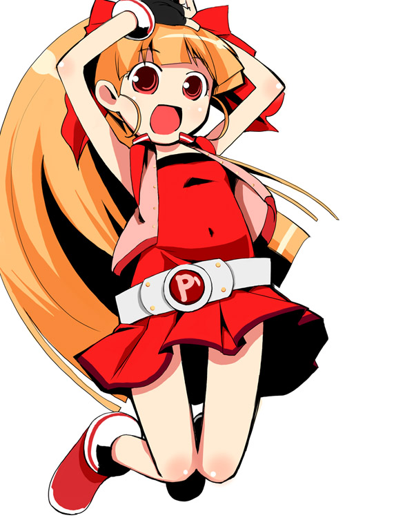 1girl, akazutsumi_momoko, arms_up, belt, bow, bracelet, dress, fingerless_gloves