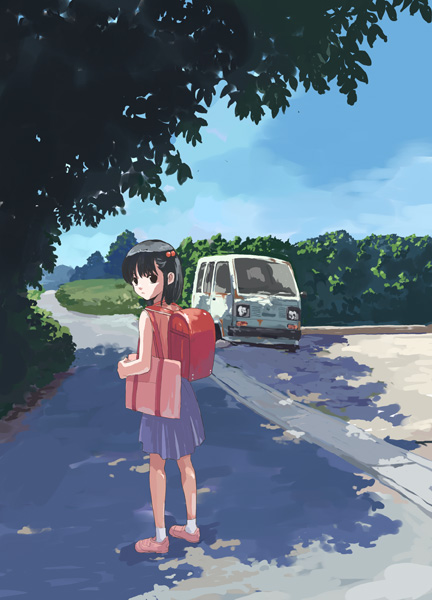 1girl, backpack, bag, car, ground_vehicle, looking_back, motor_vehicle, natori_(natorism)