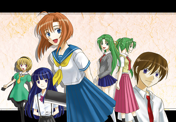 1boy, 5girls, blonde_hair, furude_rika, higurashi_no_naku_koro_ni, houjou_satoko, maebara_keiichi, multiple_girls, pantyhose, ryuuguu_rena, sawai_fuyu, siblings, sisters, sonozaki_mion, sonozaki_shion, suspenders, twins