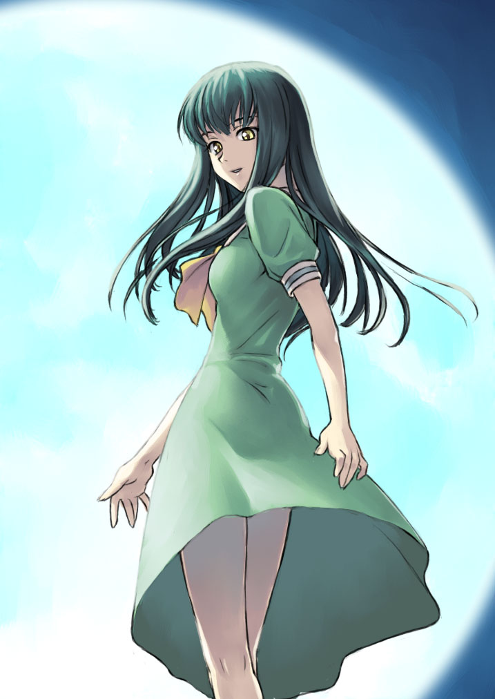 00s, 1girl, black_hair, dress, interlude, long_hair, looking_back, moon