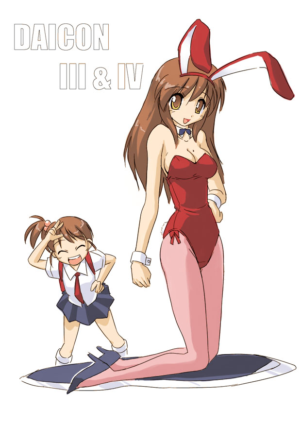 2girls, animal_ears, asahina_mikuru, bunnysuit, cosplay, daicon, daicon_bunny_girl, daicon_iii