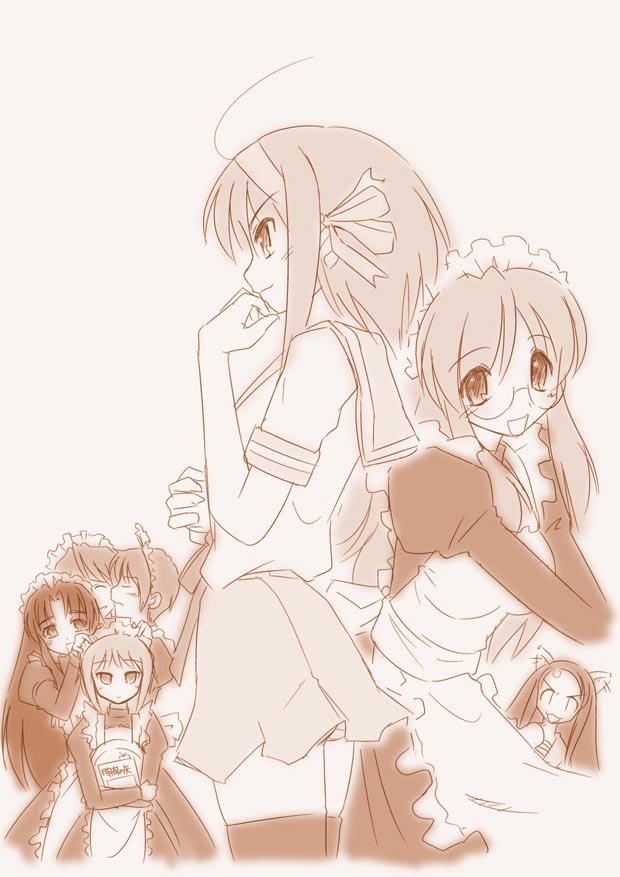 2boys, 5girls, alternate_costume, asahina_mikuru, asakura_ryouko, brown, enmaided, koizumi_itsuki