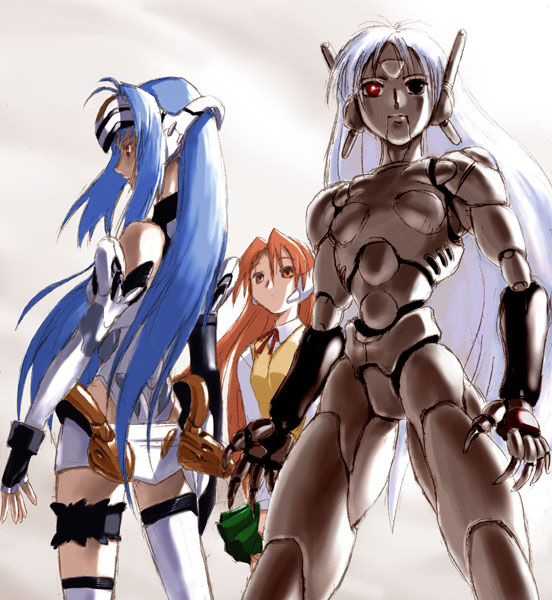 3girls, android, black_magic_m-66, blue_hair, brown_eyes, brown_hair, crossover, kos-mos