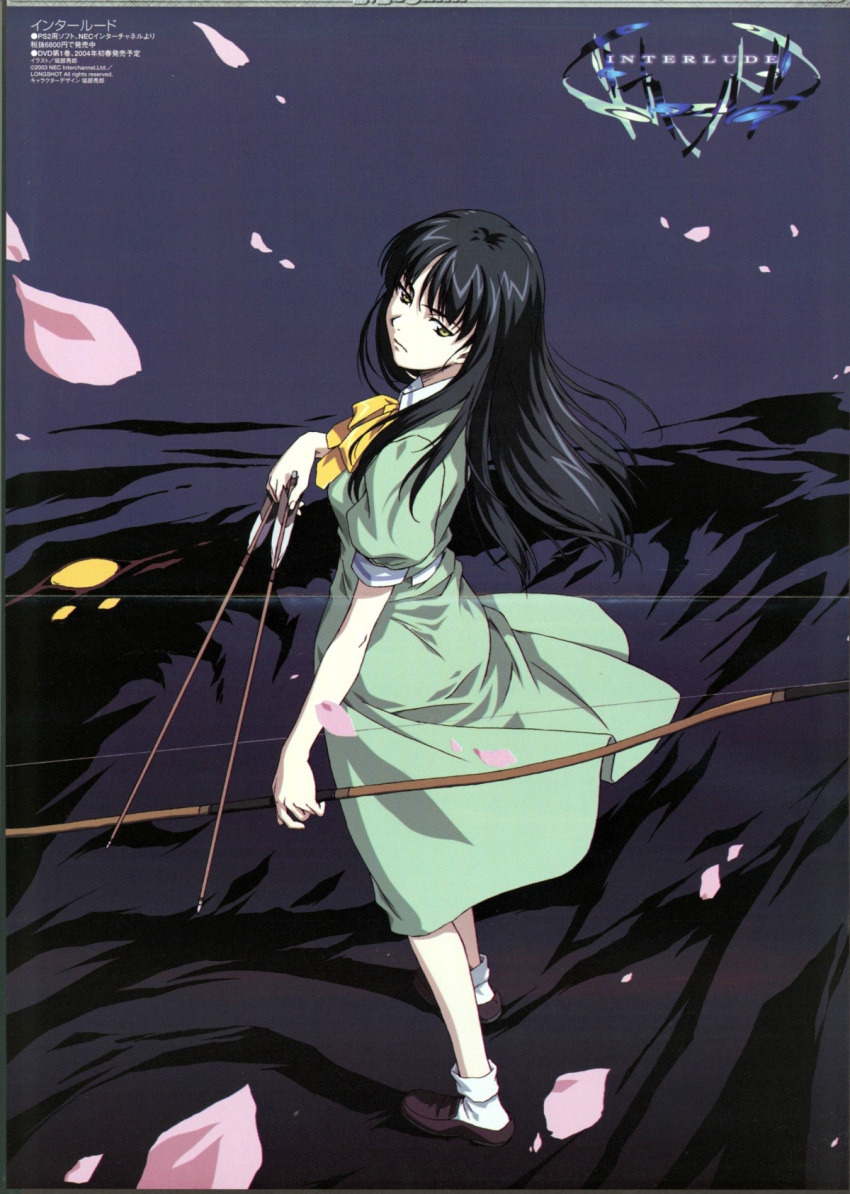 00s, 1girl, archery, black_hair, bow_(weapon), dress, highres, horibe_hiderou