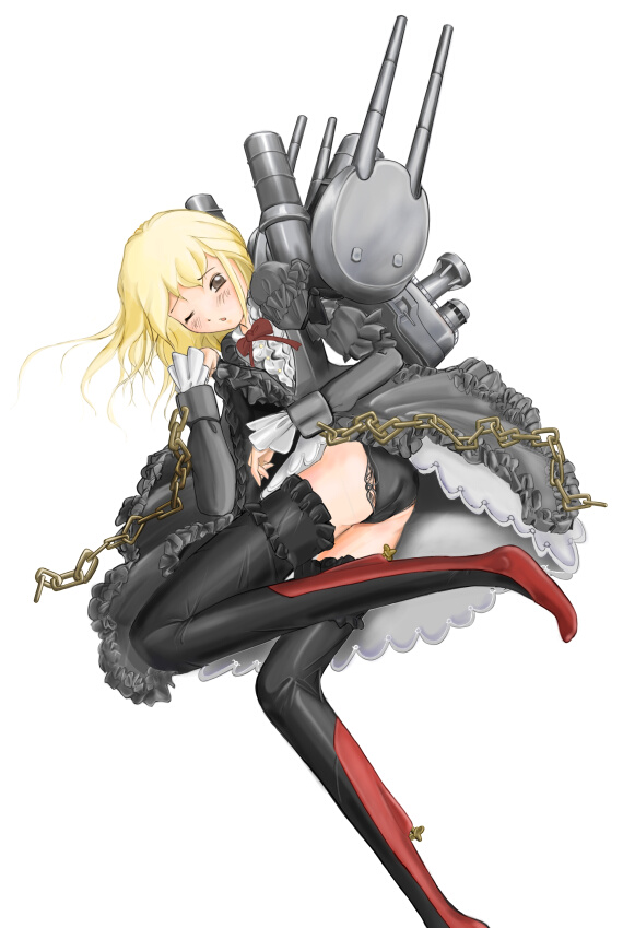 1girl, battleship, black_panties, blonde_hair, blush, chains, dress, imperial_german_navy
