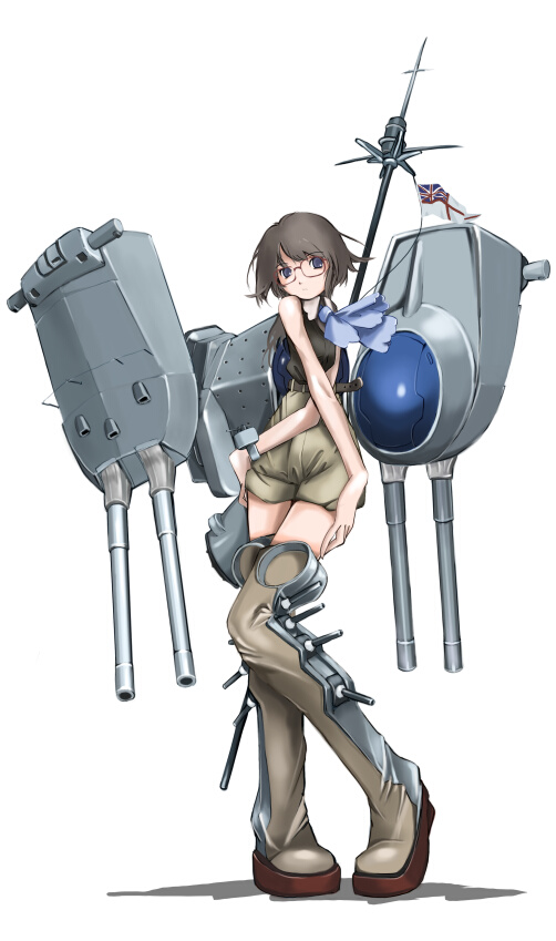 1girl, battleship, blue_eyes, boots, glasses, hms_warspite, mecha_musume, military