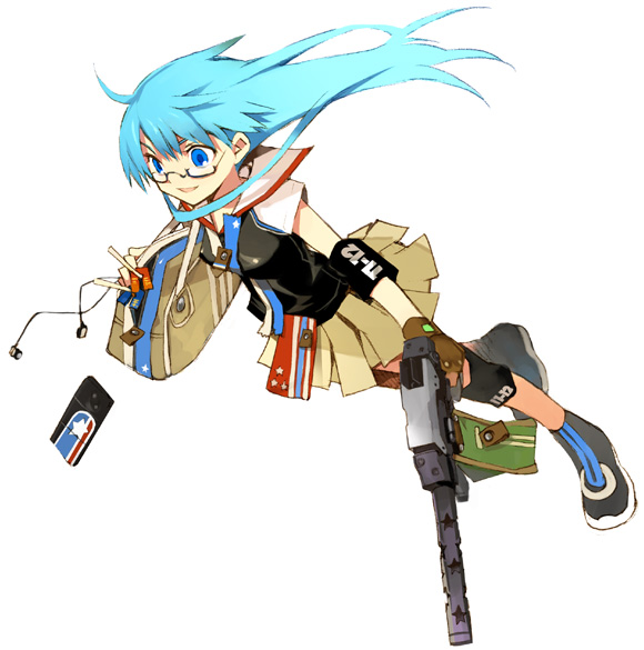 1girl, 2no, blue_eyes, blue_hair, glasses, gun, long_hair, ninomoto