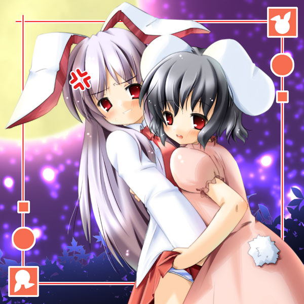 2girls, animal_ears, female, inaba_tewi, multiple_girls, pom, rabbit_ears, reisen_udongein_inaba