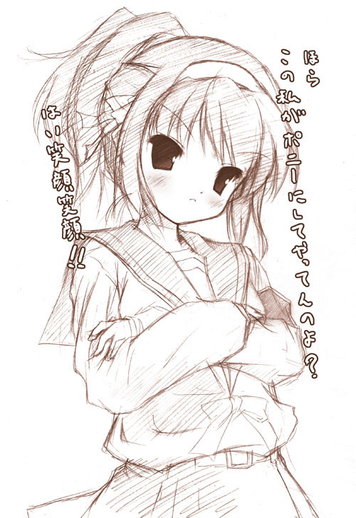 1girl, alternate_hairstyle, brown, monochrome, nishikiori_jin, ponytail, school_uniform, serafuku