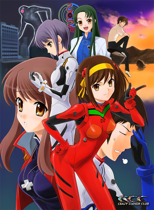 2boys, 4girls, akagi_ritsuko, akagi_ritsuko_(cosplay), asahina_mikuru, ayanami_rei, ayanami_rei_(cosplay), brown_hair, celestial_(suzumiya_haruhi), cosplay, crossover, ikari_shinji, ikari_shinji_(cosplay), katsuragi_misato, katsuragi_misato_(cosplay), koizumi_itsuki, kyon, latex, multiple_boys, multiple_girls, nagato_yuki, nagisa_kaworu, nagisa_kaworu_(cosplay), neon_genesis_evangelion, parody, plugsuit, plugsuit_(cosplay), shirotsumekusa, short_hair, soryu_asuka_langley_(cosplay), souryuu_asuka_langley, suzumiya_haruhi, suzumiya_haruhi_no_yuuutsu, tsuruya