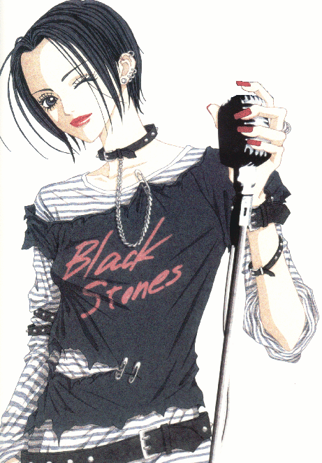 1girl, belt, black_hair, clothes_writing, collar, earrings, jewelry, lipstick, makeup, microphone, microphone_stand, nail_polish, nana_(manga), nana_(series), official_art, one_eye_closed, oosaki_nana, osaki_nana, piercing, punk, red_nails, ring, safety_pin, shirt, short_hair, simple_background, solo, striped, striped_shirt, wink, yazawa_ai