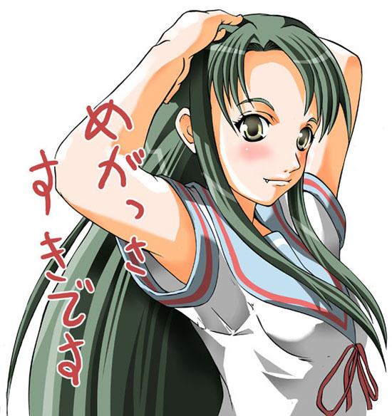 1girl, armpit_peek, fang, long_hair, ootori_mahiro, ootori_mahiru, school_uniform, serafuku