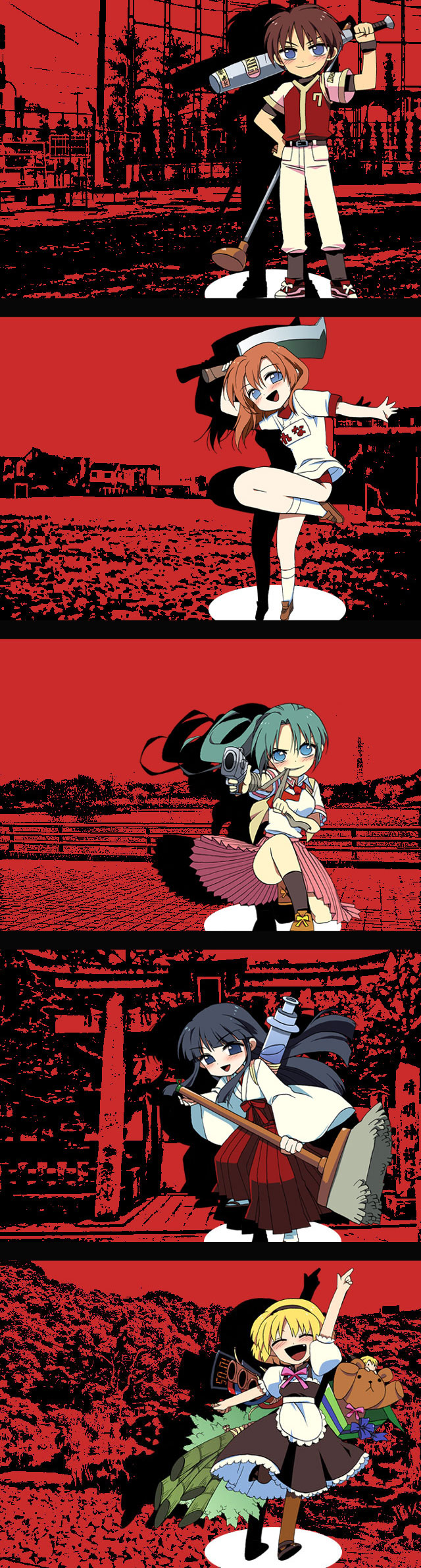 1boy, 4girls, baseball_bat, billhook, blonde_hair, broom, fujitaka_(akasora), fujitaka_akasora