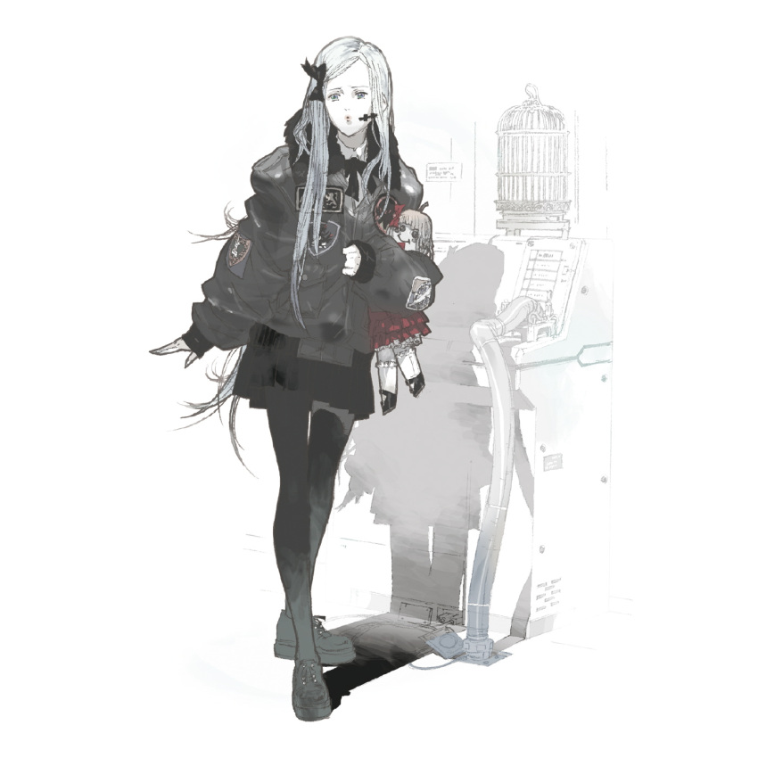 1girl, alice_hazel, birdcage, bomber_jacket, cage, doll, gothic, highres, jacket, long_hair, metal_gear_(series), monochrome, official_art, pantyhose, solo, spot_color