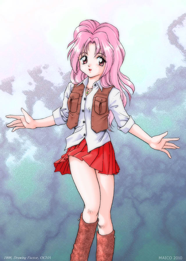 1girl, :d, android_announcer_maico_2010, boots, jewelry, knee_boots, long_hair, looking_at_viewer, maico, maico_(maico_2010), necklace, open_mouth, pink_hair, pleated_skirt, red_eyes, red_skirt, shirt, short_sleeves, skirt, smile, solo, standing, vest, white_shirt