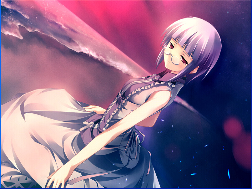 1girl, bangs, bare_shoulders, blunt_bangs, circus_(studio), dutch_angle, frills, game_cg