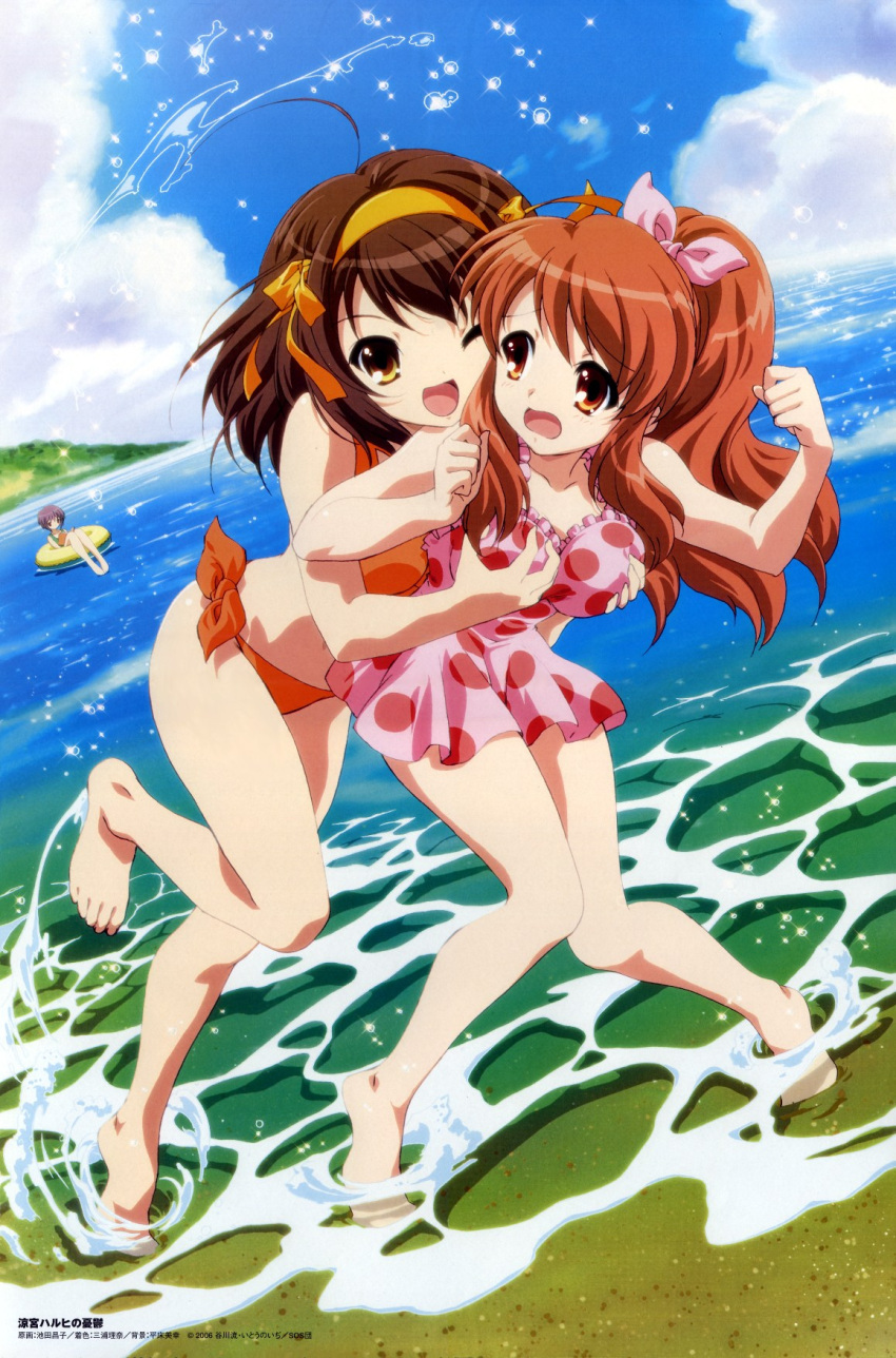 3girls, ahoge, asahina_mikuru, barefoot, beach, bikini, blush, bow