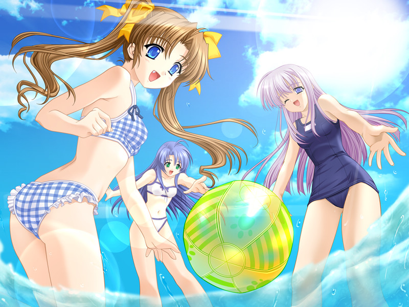 ass, ball, beachball, bikini, blue_hair, brown_hair, fang, green_eyes