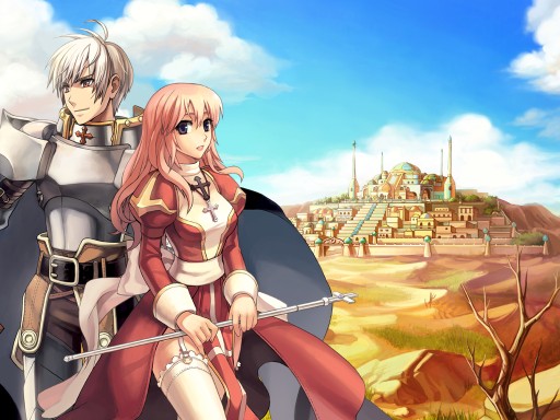 1boy, 1girl, armor, belt, bow, cape, clouds, cross