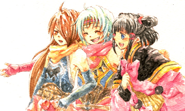 1girl, 2boys, ahoge, annoyed, black_hair, blue_eyes, bow, brown_eyes, brown_hair, capelet, closed_eyes, elbow_gloves, fingerless_gloves, freyjadour_falenas, gensou_suikoden, gensou_suikoden_v, gloves, green_hair, hair_over_one_eye, hug, lyon, multiple_boys, pink_bow, roy_(suikoden), short_hair, sidelocks, simple_background, smile, traditional_media, twintails