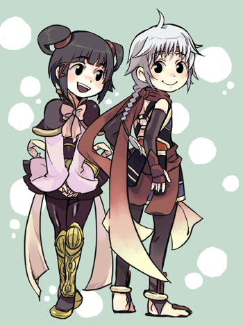 1boy, 1girl, armor, armored_dress, boots, bow, chibi, couple, freyjadour_falenas, gensou_suikoden, gensou_suikoden_v, hetero, knee_boots, lowres, lyon, pink_bow, saketo_sakana