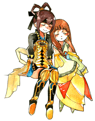 2girls, arm_guards, bangs, blunt_bangs, boots, breastplate, brown_hair, closed_eyes