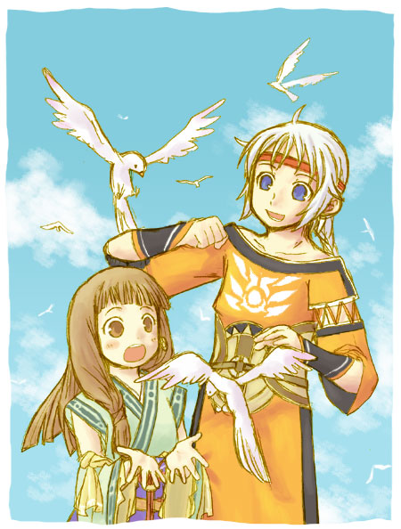 1boy, 1girl, asagi_(corriente), bangs, bird, blunt_bangs, braid, brother_and_sister