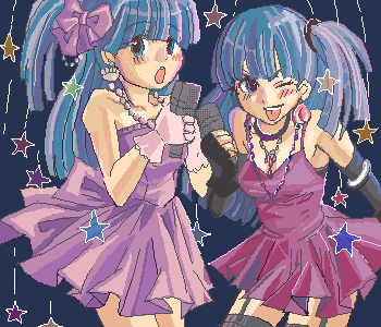 2girls, idol, kashiwagi_yuuma, kashiwagi_yuuna, lowres, microphone, multiple_girls, oekaki, pani_poni_dash!, siblings, sisters, thigh-highs, twins
