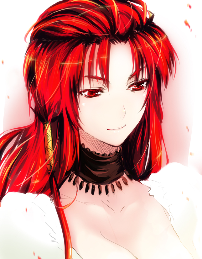 1girl, breasts, choker, cleavage, mathilde_saint-omer, puyo, red_eyes, redhead