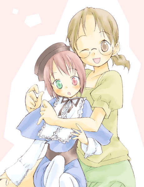 00s, 2girls, :o, ;d, black_hat, blouse, blue_dress, brown_eyes