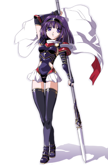1girl, armor, black_legwear, blue_armor, cape, csy, gloves, hairband, miniskirt, polearm, purple_hair, shoes, short_hair, skirt, solo, spear, thigh-highs, violet_eyes, weapon, zettai_ryouiki