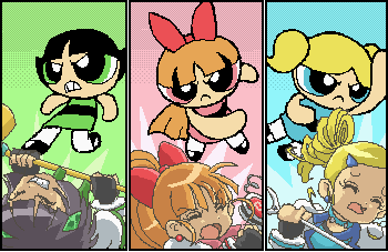 6+girls, akazutsumi_momoko, aliasing, battle, black_hair, blonde_hair, blossom_(ppg), blue_eyes