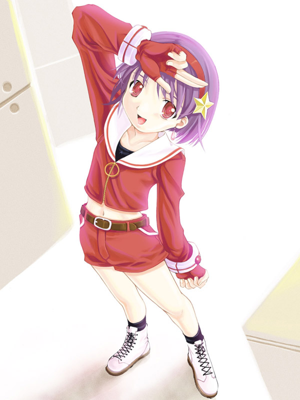 1girl, asamiya_athena, hair_ornament, hairband, king_of_fighters, king_of_fighters_99, mikazuki_akira!, purple_hair, red_eyes, snk, solo, star, star_hair_ornament, the_king_of_fighters, the_king_of_fighters_'99