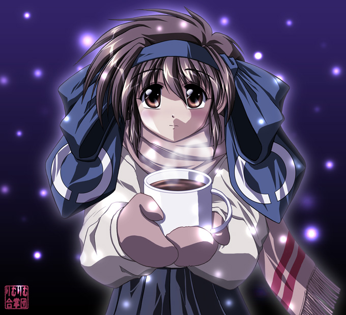 1girl, blush, bow, brown_eyes, brown_hair, cup, f20_(funimaru), hair_bow