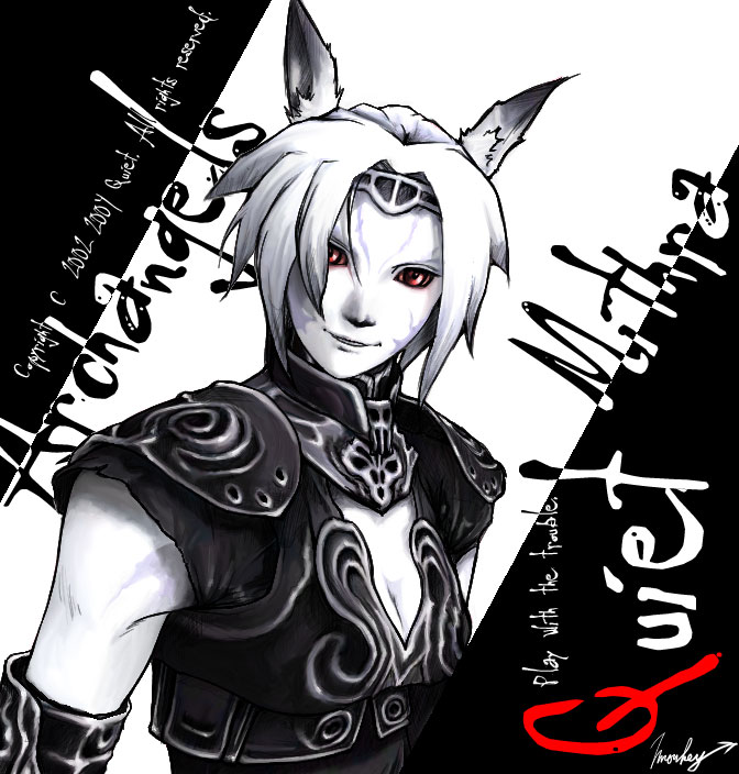 1girl, ark_angel, ark_angel_mr, arkangel, arkangel_mr, armor, breasts, cleavage, cleavage_cutout, evil_smile, facepaint, facial_mark, female, final_fantasy, final_fantasy_xi, headband, mithra, monochrome, parted_lips, red_eyes, short_hair, shoulder_pads, small_breasts, smile, solo, spot_color, upper_body