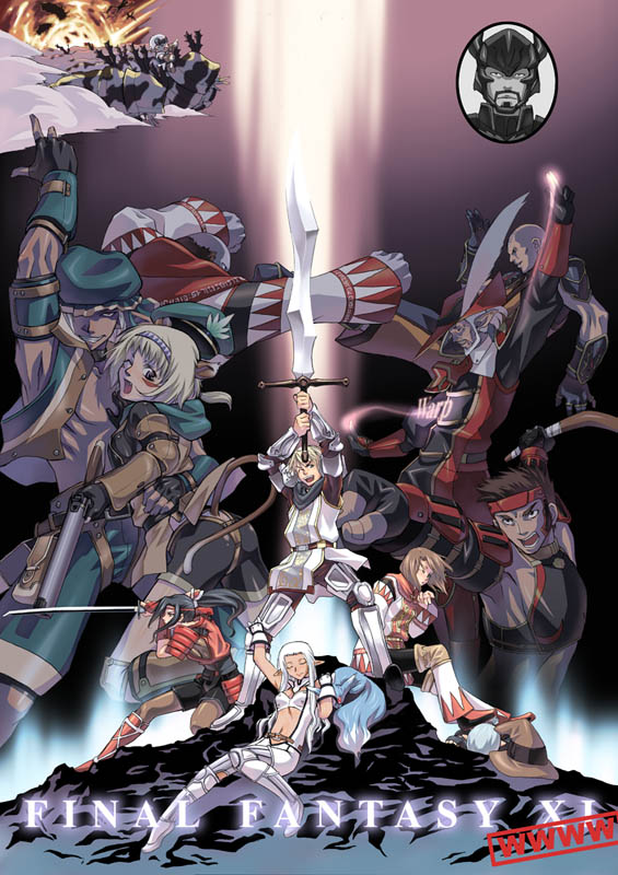 4girls, 6+boys, beastmaster, beastmaster_(final_fantasy), black_mage, dark_knight, dark_knight_(final_fantasy), elf