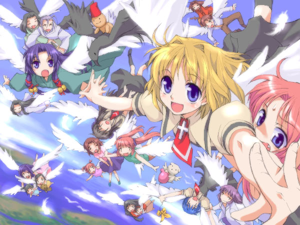 2boys, 6+girls, air, angel, atsumuchi, bad_id, bird, blonde_hair, crow, everyone, hisakawa_chin, kamio_haruko, kamio_misuzu, kannabi_no_mikoto, kirishima_hijiri, kirishima_kano, michiru_(air), multiple_boys, multiple_girls, ryuuya, shiraho, sora_(air), tachibana_keisuke, toono_minagi, uraha, wings