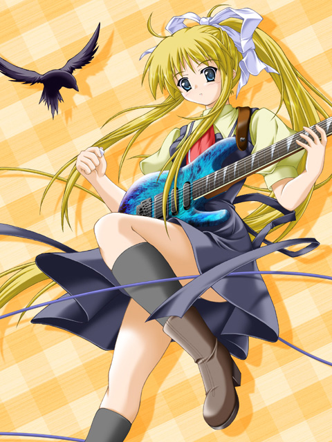 1girl, air, akimoto_dai, bird, blonde_hair, blue_eyes, crow, guitar