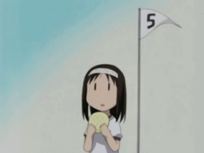 1girl, 5, ^_^, a, animated, animated_gif, azumanga_daioh, bread, closed_eyes, eating, flag, food, gym_uniform, headband, kasuga_ayumu, lowres, melon_bread, number, smile, solo, subtitled, |_|