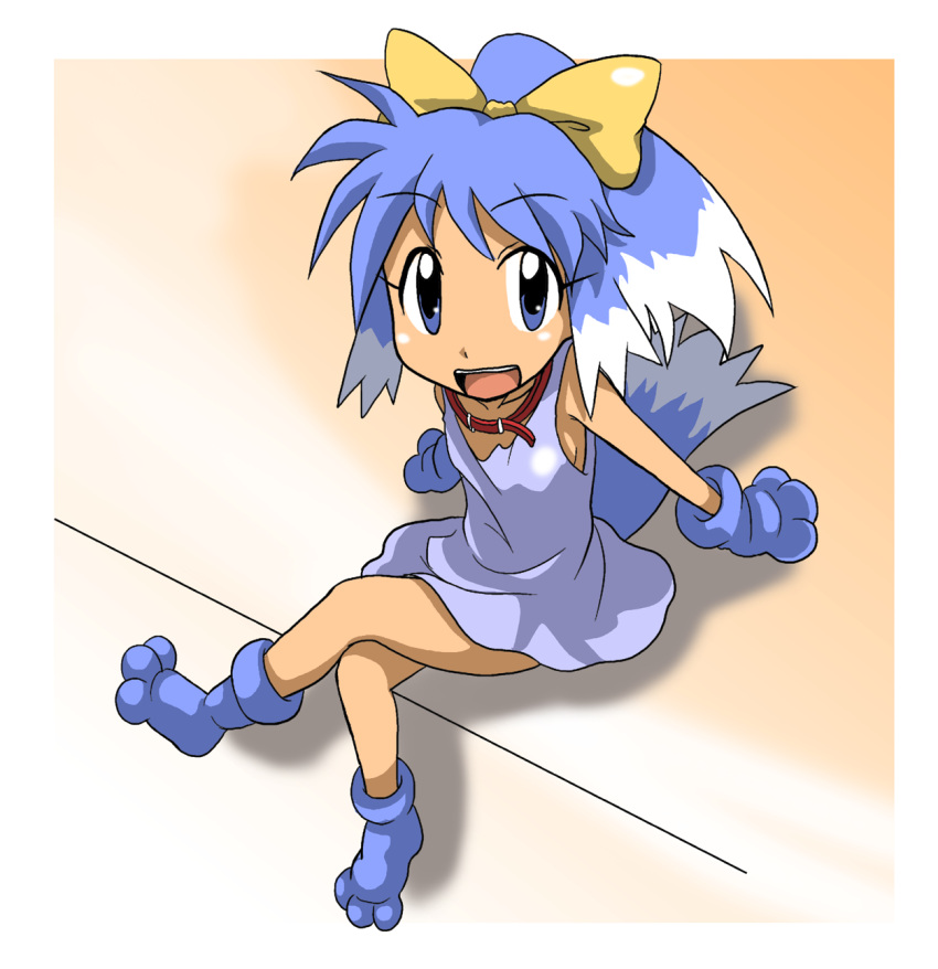 blue_eyes, blue_hair, breasts, collar, dog_tail, hair_ribbon, hair_ribbons, highres