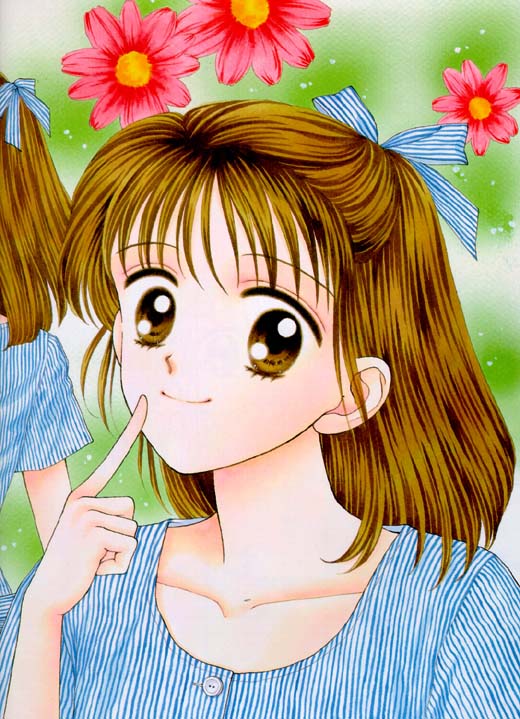 1girl, 90s, blue_dress, blue_ribbon, brown_eyes, brown_hair, close-up, dress